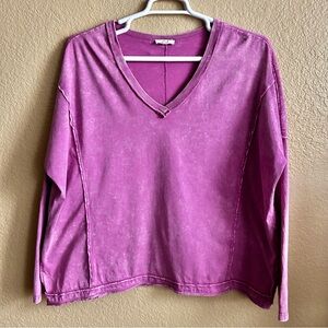 Easel V-Neck Long Sleeve Pink Top